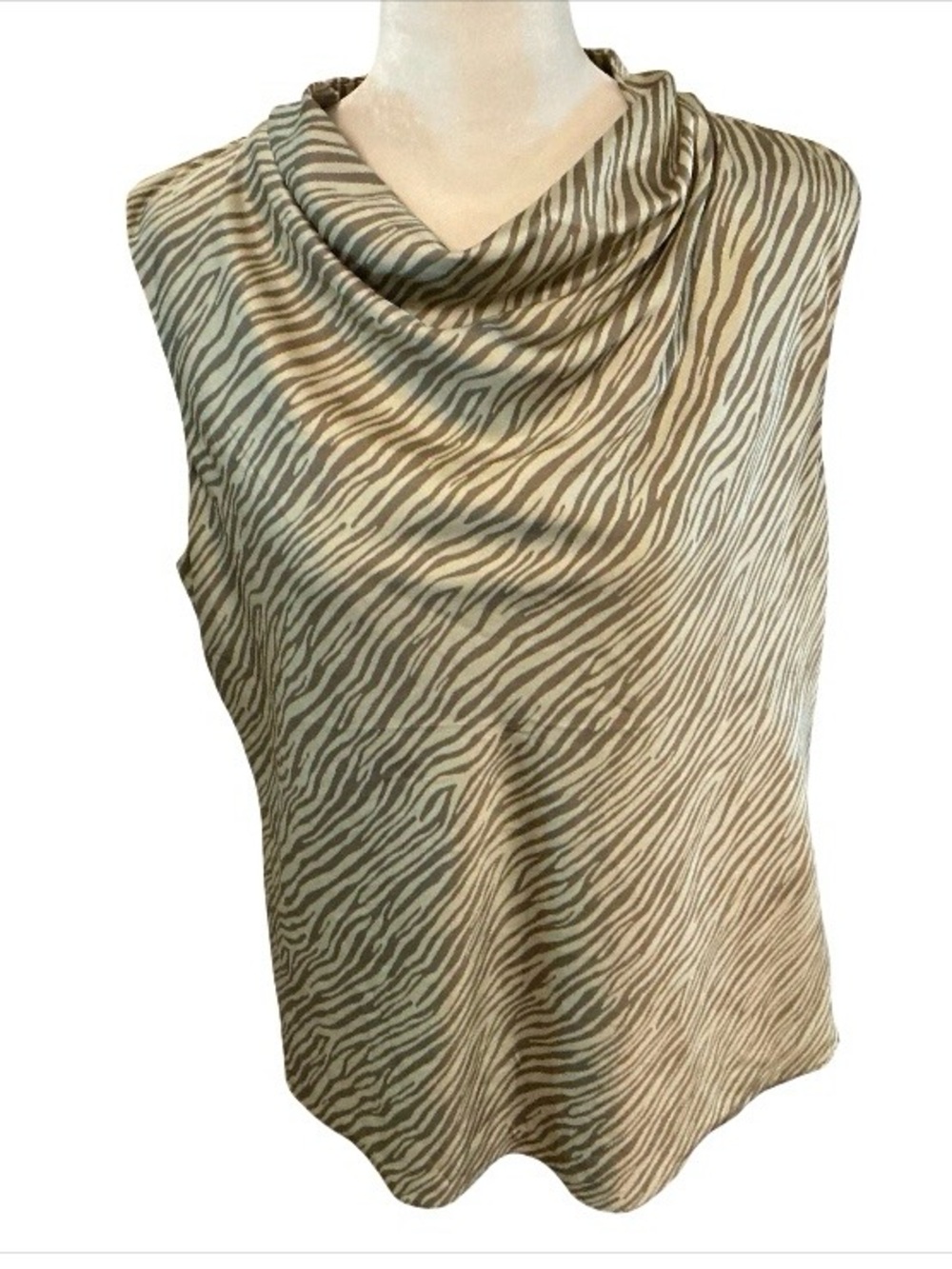 Joie Subtle Zebra Print Cowl Neck Blouse Top M Sleeveless Lined Khaki Olive Sage